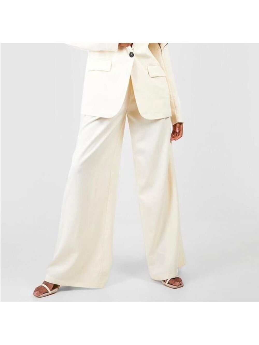BOOHOO High Waisted Woven Wide Leg Trousers, US 8, Off-White